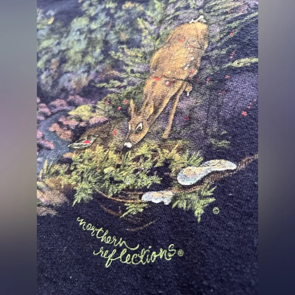 90s Northern Reflections Dark Blue Wildlife Deer Print Cottagecore Sweater Large - Picture 6 of 8